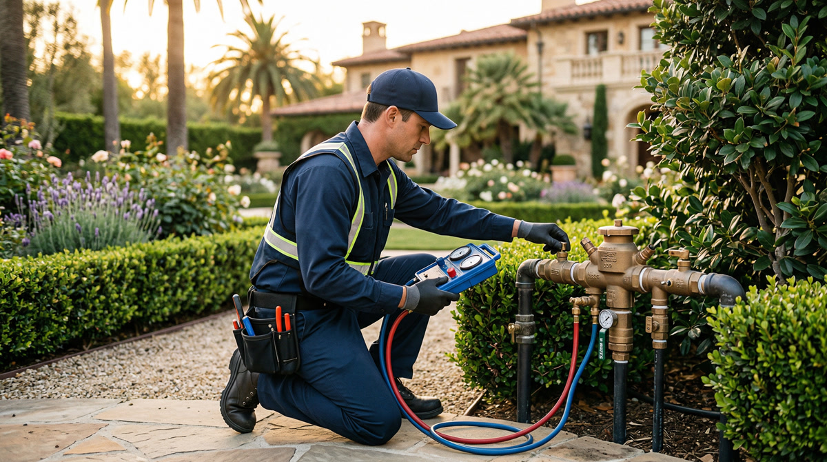 Backflow prevention device testing at a Los Angeles home