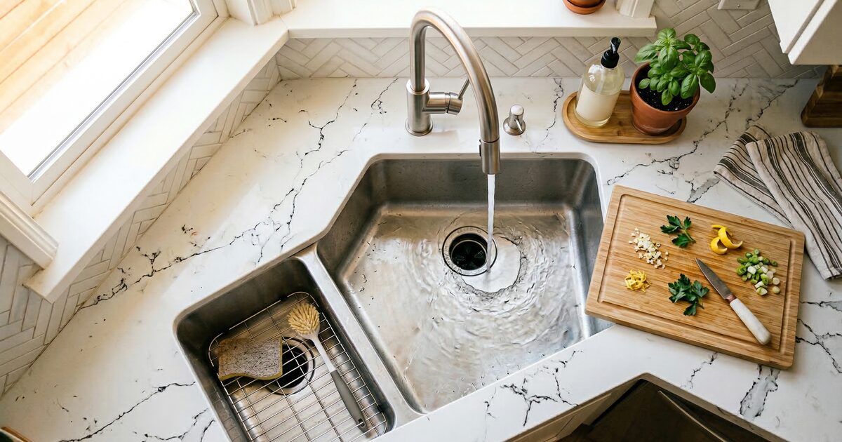 Kitchen sink garbage disposal unit with running water in Los Angeles home