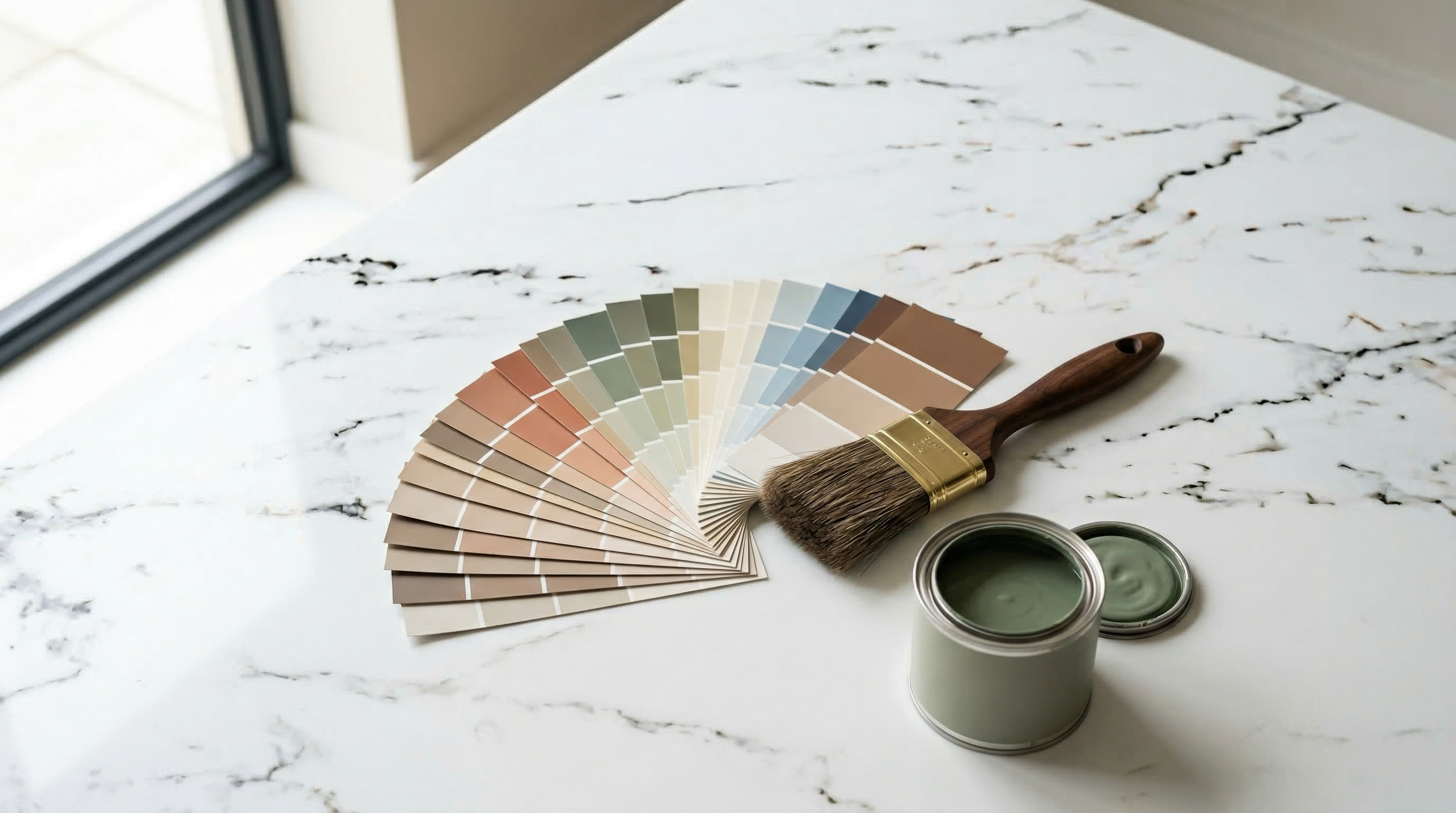 Paint swatches and brush on marble